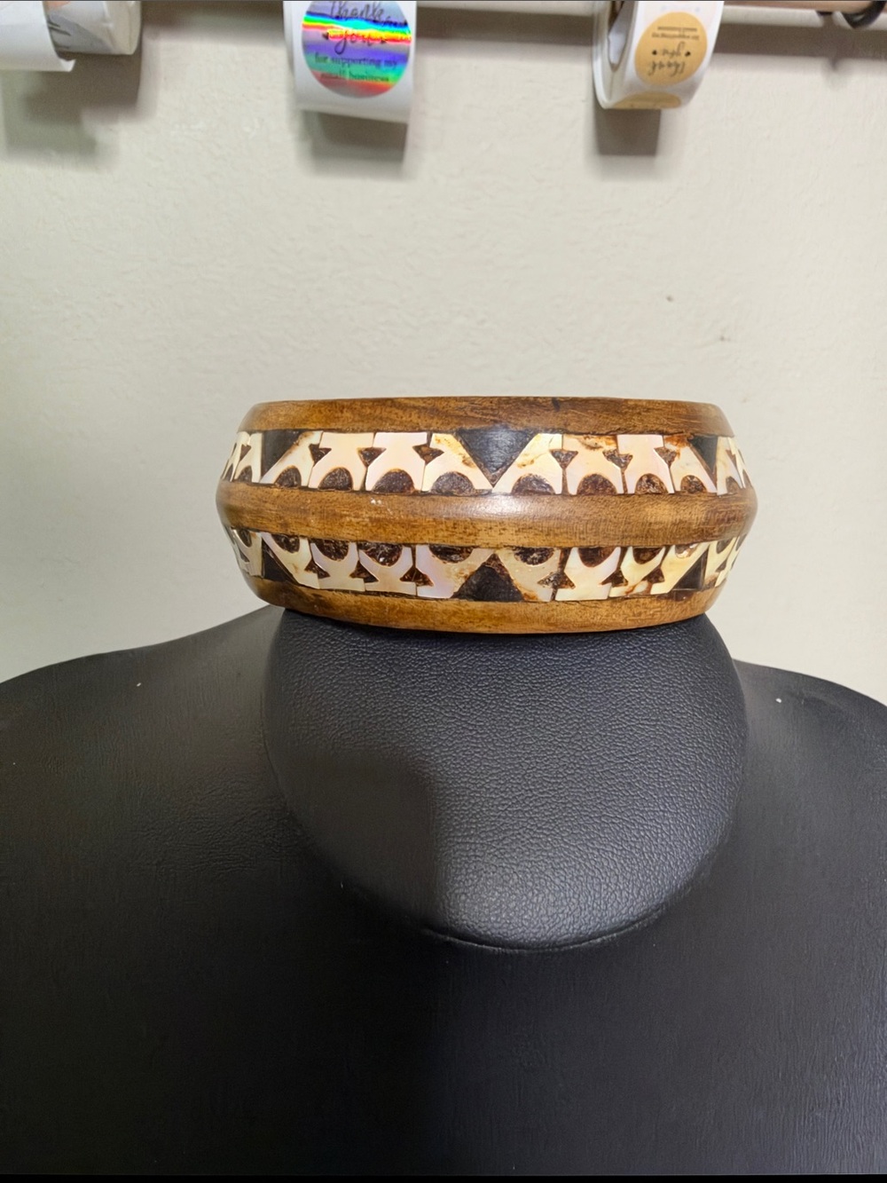 Chunky Statement Wooden Inlay Bangle Bracelet - Brown & Cream